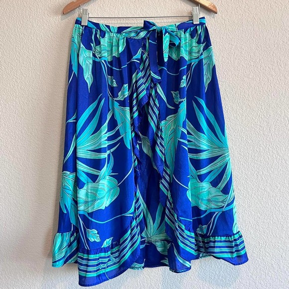 VTG 70S BLUE & GREEN FLORAL RUFFLE WRAP SKIRT W/ SLIT - Picture 4 of 7